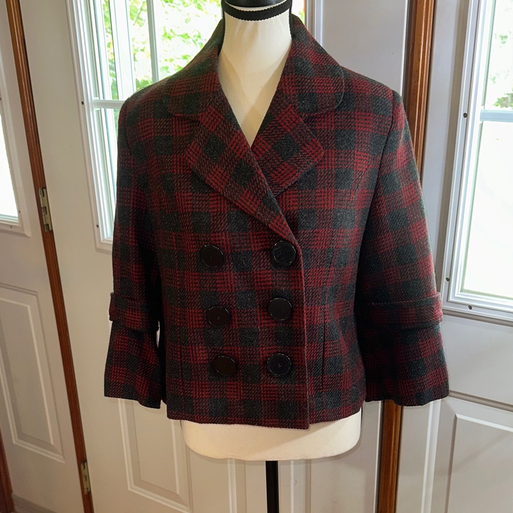 Investments Petites Red and Charcoal Plaid Pea Coat